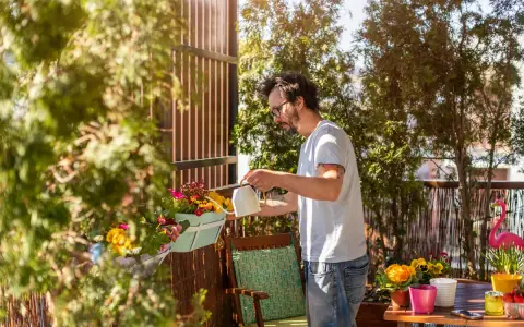 Un homme arrose une plante brise-vue qui pousse vite en bac sur son balcon ensoleillé.