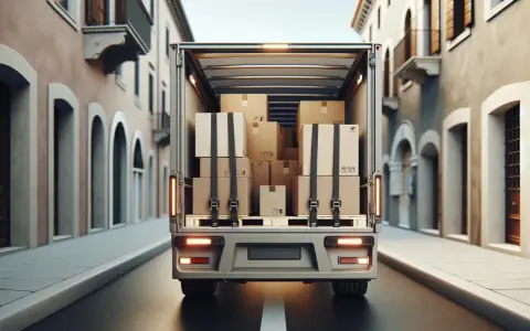 Un furgone carico di scatoloni, pronto per la consegna, percorre una strada di ciottoli. Un'immagine che evoca il trasporto e la logistica, in linea con l'art. 164 CDS.