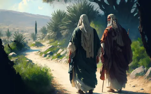 Zwei Männer, die an die Auferstehung Christi denken, wandern auf einem staubigen Weg durch eine sonnige Landschaft.
