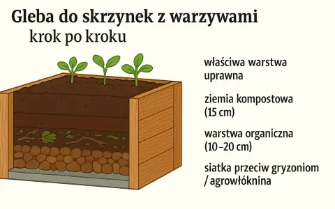 Warzywniak w skrzyniach z warstwami: ziemia kompostowa, warstwa organiczna i siatka. Idealny do uprawy warzyw.