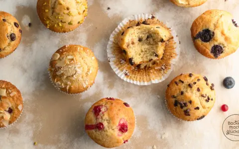 Verschiedene Muffins, perfekt für die Backzeit: Schoko, Blaubeer, Himbeer und Mandel. Ein Genuss für jeden Gaumen!