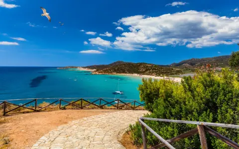 Vista panoramica di una baia con acque turchesi, spiagge affollate e montagne verdi. Un gabbiano vola nel cielo azzurro sopra Quartu e dintorni.