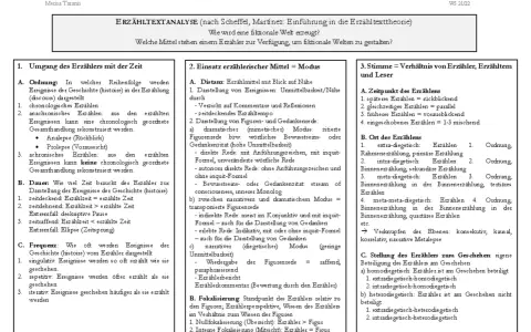 Analyse erzählerischer Techniken: Ordnung, Dauer, Frequenz, Modus, Fokalisierung, Stimme & Ort des Erzählens.