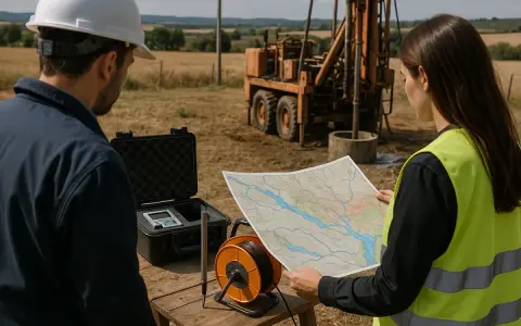 Ingenieros revisan mapa y equipo para saber como legalizar un pozo ya hecho. En el fondo, una máquina perforadora.
