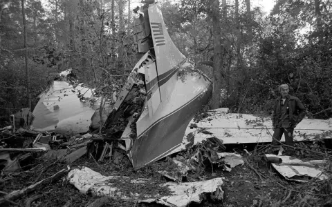 Vraket av ett flygplan i skogen, en man står bredvid. En tragisk påminnelse om lynyrd skynyrd flygolycka.