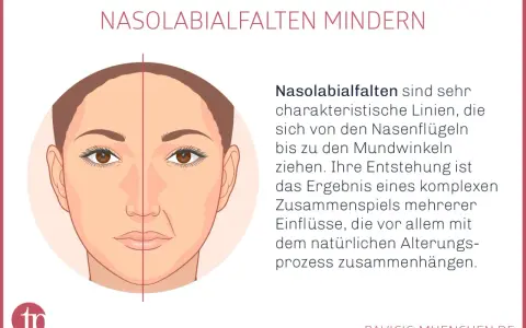 Gesichtshälfte mit und ohne sichtbare Nasolabialfalten. Die Falten verlaufen von den Nasenflügeln zu den Mundwinkeln und sind ein Zeichen des natürlichen Alterungsprozesses.