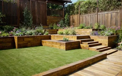 Giardini in pendenza idee: terrazzamenti in legno con prato verde e aiuole fiorite, creando un paesaggio armonioso.