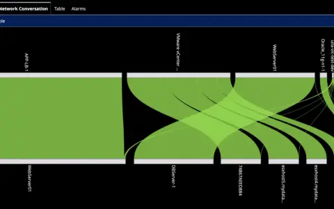 Sankey diagram showing network traffic. Large green blocks represent servers like WebServer01 and APP-LB-1. Thin green lines show north-south traffic vs. east-west traffic between servers and other systems.