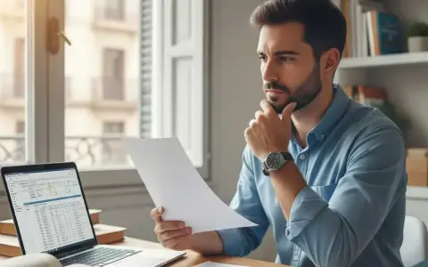 Hombre revisa documentos, consultando su portátil con datos financieros. Podría estar verificando su vat number españa para trámites.