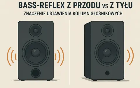 Dwa głośniki: jeden z bass-reflex z przodu, drugi z tyłu. Ilustracja pokazuje znaczenie ustawienia kolumn głośnikowych.