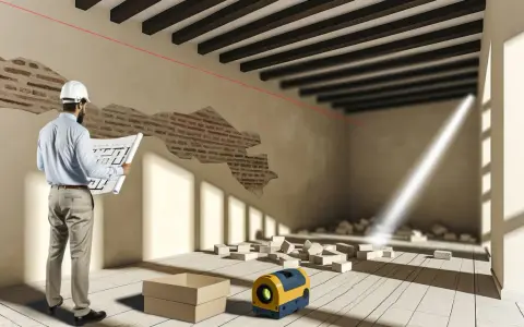 Arquitecto revisa planos para saber como tirar un tabique. Láser de construcción y escombros en el suelo.