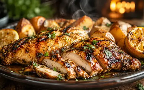 Délicieux poulet en sauce, grillé et tranché, servi avec des pommes de terre rôties et des quartiers de citron. Une recette parfaite pour un repas savoureux.