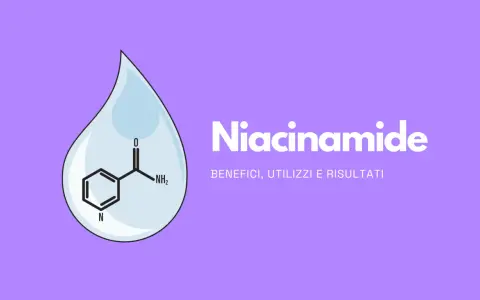 Goccia con formula chimica di niacinamide, ingrediente chiave per combattere l'acne. Benefici, utilizzi e risultati.