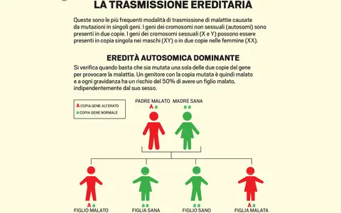 Schema di trasmissione ereditaria autosomica dominante, che illustra come le malattie genetiche più diffuse possono manifestarsi in una famiglia.