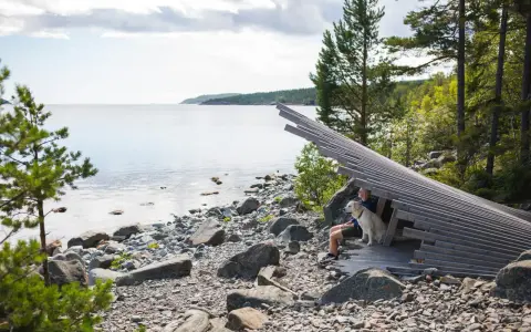 En man och hans hund njuter av en lugn semester vid vattnet, omgivna av stenar och träd.