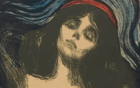 Intensywny portret kobiety z krwistoczerwonym nakryciem głowy, przypominający "Madonnę" Edvarda Muncha.