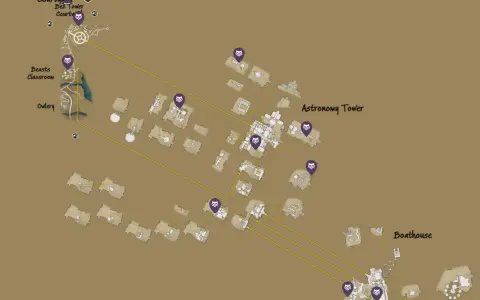 Mapa de Hogwarts con puntos morados indicando dónde devolver las lunas de Demiguise a Gladwin Moon.