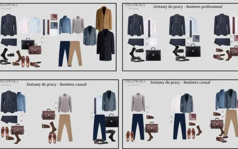 Zestawy do pracy w stylu business casual: marynarki, koszule, swetry, spodnie, buty i akcesoria.