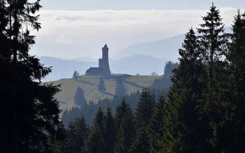 Widok na dalimilova rozhledna górującą nad mglistym krajobrazem, otoczona lasem iglastym.