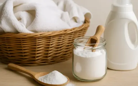 Cesta con ropa blanca, un frasco de bicarbonato y un bote de detergente. ¡Cuidado! el bicarbonato estropea la ropa de color.