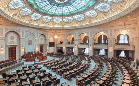 Wnętrze sali plenarnej, gdzie odbywają się obrady bukareszt parlament. Wspaniała, zdobiona kopuła i rzędy pustych miejsc czekają na posłów.