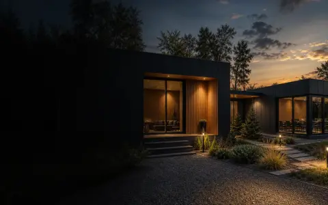 Nowoczesna budowa domu modułowego o minimalistycznej architekturze, oświetlona ciepłym światłem o zachodzie słońca.