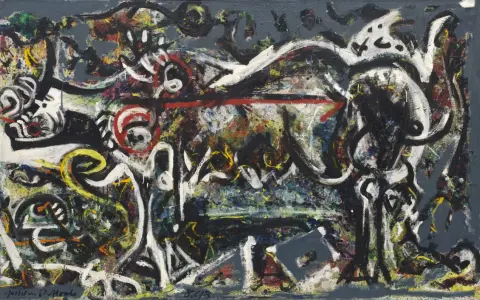 Œuvres d'art de Jackson Pollock : une toile abstraite aux éclaboussures de peinture noires, blanches, rouges et jaunes sur fond gris.