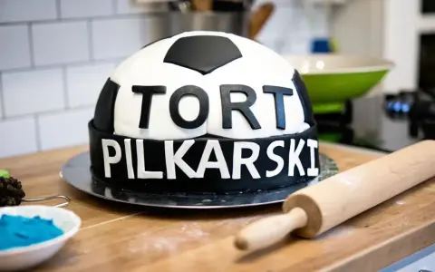 Jak zrobić piłkę z masy cukrowej? Tort w kształcie piłki nożnej z napisem "TORT PIŁKARSKI" na blacie kuchennym, obok wałek i miseczka z niebieską masą.