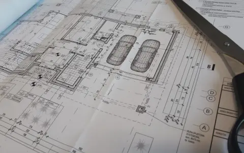 Projekt architektoniczno budowlany domu z garażem na dwa samochody. Nożyczki leżą na planie.