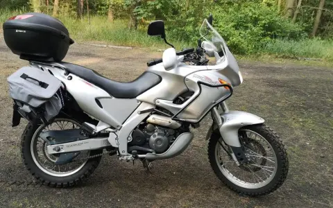 Srebrny motocykl Aprilia 650 z kufrem i sakwami, gotowy na przygodę w lesie.