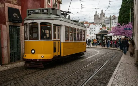 Żółty tramwaj 28 na brukowanej ulicy w Lizbonie, z ludźmi czekającymi na przystanku i kościołem w tle.