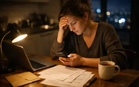 Zmartwiona kobieta sprawdza telefon przy biurku, szukając informacji, kiedy nie trzeba zgłaszać darowizny do urzędu skarbowego.