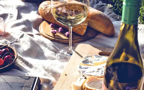 En härlig picknick med vin till brieost, färskt bröd och körsbär.