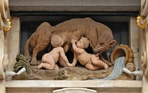 Rzeźba wilczycy karmiącej Romulusa i Remusa, symbolizująca **datę założenia Rzymu**.