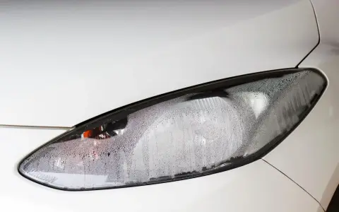 Kleine Wassertropfen bedecken das Glas des weißen Autoscheinwerfers. Feuchtigkeit im Scheinwerfer ist sichtbar.