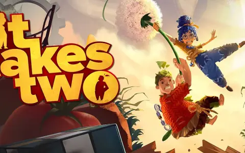 Dos personajes, un niño y una niña, se balancean en un diente de león. El título del juego, "It Takes Two", aparece en letras grandes.
