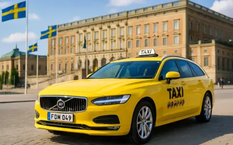 Gelbes Taxi in Schweden vor einem prächtigen Gebäude, mit schwedischen Flaggen im Hintergrund.