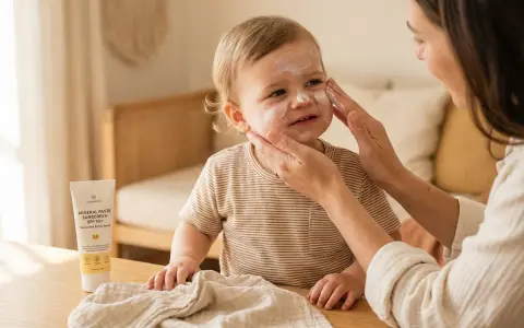 Mamma smörjer sitt barn med zinkpasta solskydd SPF 50+. En tub med solskyddet syns på bordet.