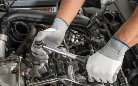Mechanik w białych rękawiczkach dokonuje wymiany świec zapłonowych w silniku samochodu, używając klucza dynamometrycznego.