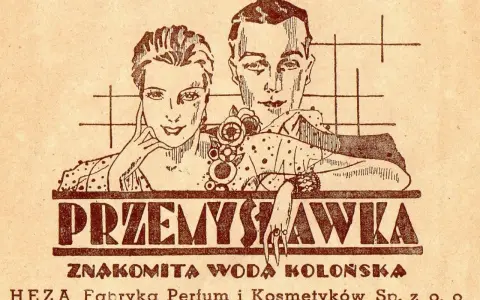 Elegancka para reklamuje wodę kolońską PRl "Przemysławka" od HEZA.