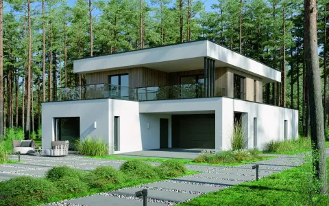 Nowoczesny dom 200m2 w otoczeniu sosnowego lasu. Biała bryła z drewnianymi elementami, taras z przeszkloną balustradą i podjazd z kamiennymi płytami.
