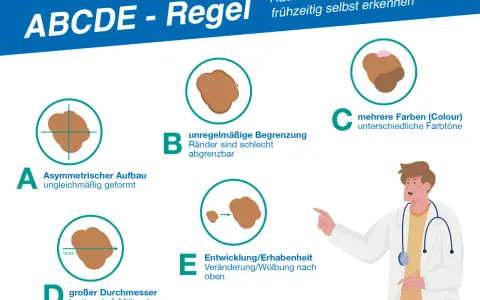 ABCDE-Regel: Asymmetrie, Begrenzung, Color, Durchmesser, Entwicklung. So können Sie Hautkrebs-Symptome frühzeitig erkennen.