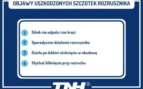 Objawy uszkodzonych szczotek rozrusznika: silnik nie odpala, sporadyczne działanie, działa po stuknięciu, słychać kliknięcie.
