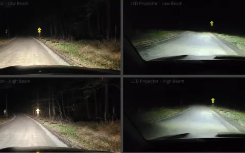 Confronto fari auto: incandescenza vs LED su strada buia. I fendinebbia LED illuminano meglio.