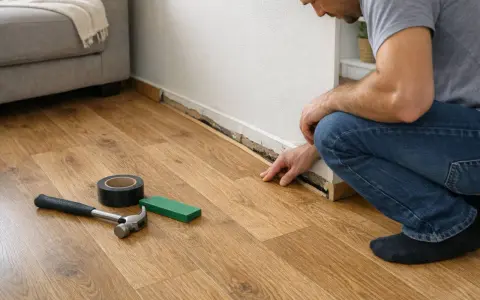 Hombre arreglando tarima flotante que cruje al pisar. Martillo, cinta y cuña verde listos para la solución.