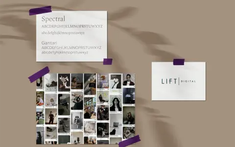 Jak stworzyć spójny moodboard stylowej imprezy: inspiracje, fonty Spectral i Gantari, logo LIFT DIGITAL, zdjęcia ludzi przy pracy i detale.