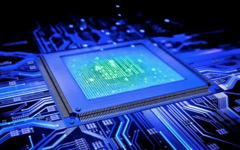 Un processeur bleu lumineux sur un circuit imprimé, avec des données binaires flottant autour. Ce type de processeur est le cœur de l'innovation technologique.