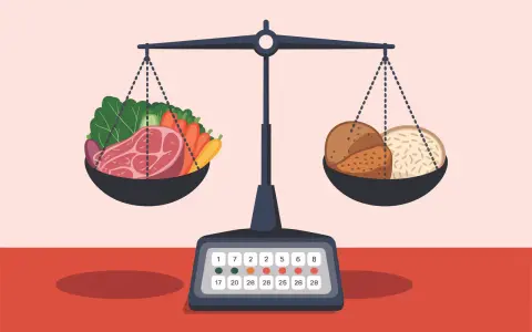 Balance alimentaire : une balance pèse une pièce de viande pour un anniversaire avec des légumes d'un côté, et du pain de l'autre.