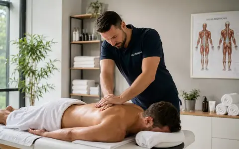 Fizjoterapeuta wykonuje masaż tkanek głębokich pleców pacjenta leżącego na kozetce. W tle widać plakat z układem mięśniowym.
