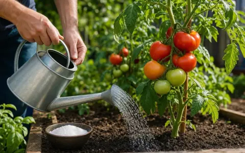 Arrosage d'un plant de tomates mûrissant, prêt pour un gourmand tomate.